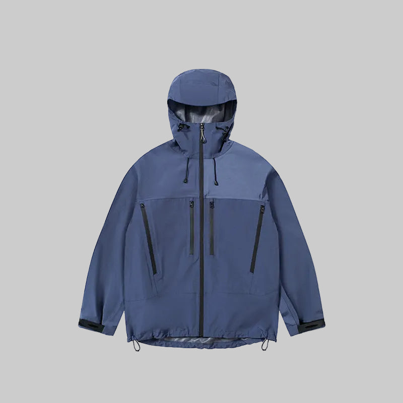 Windproof hardshell coat with hood, navy blue, front zip and zippered chest pockets