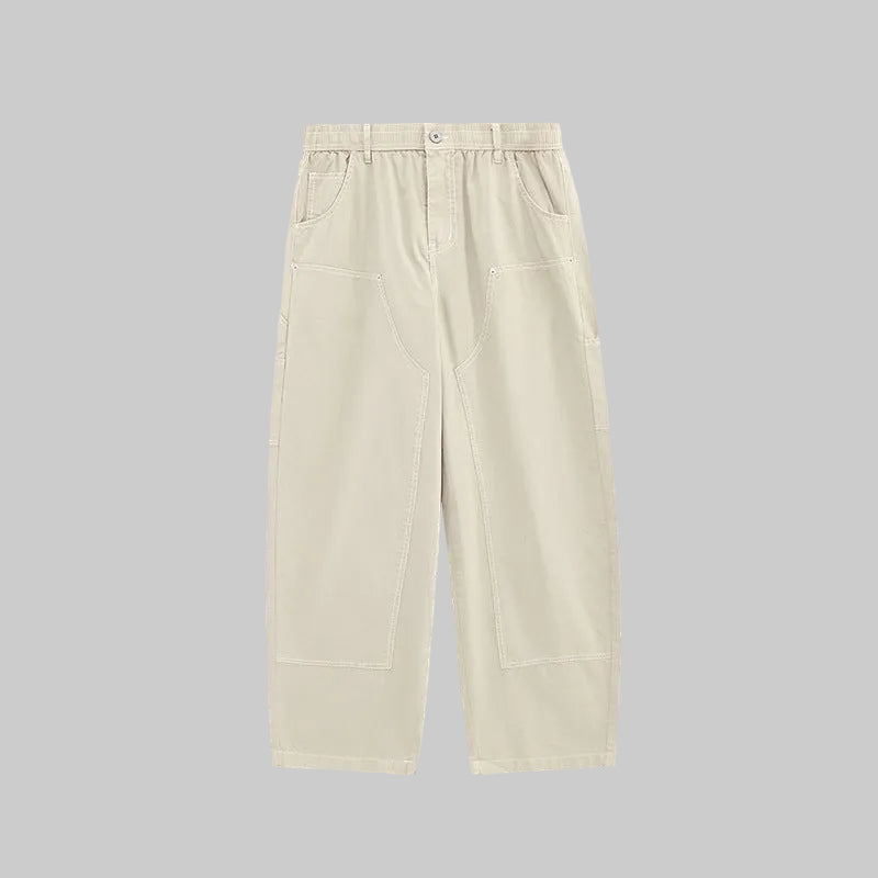 Washed cargo trousers with multiple pockets, wide leg, light cream wash