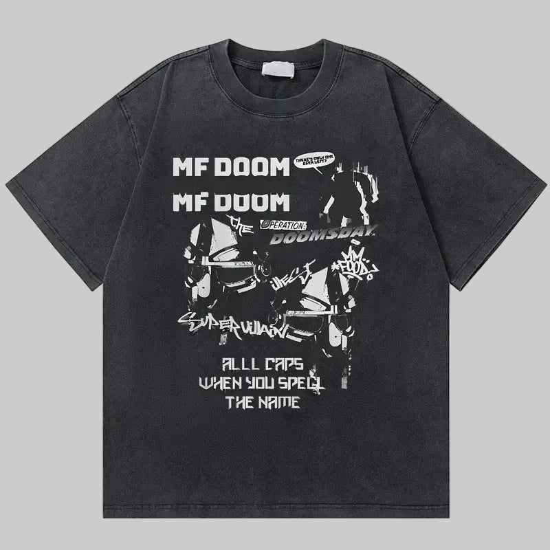 Dark charcoal retro graphic tee with car-themed print on the front