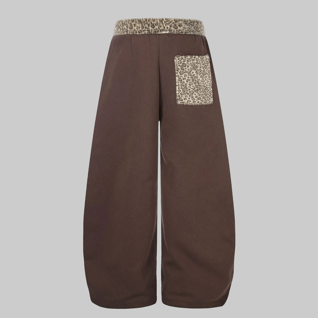 Mocha embroidered curved trousers with leopard patch side pocket and drawstring waist