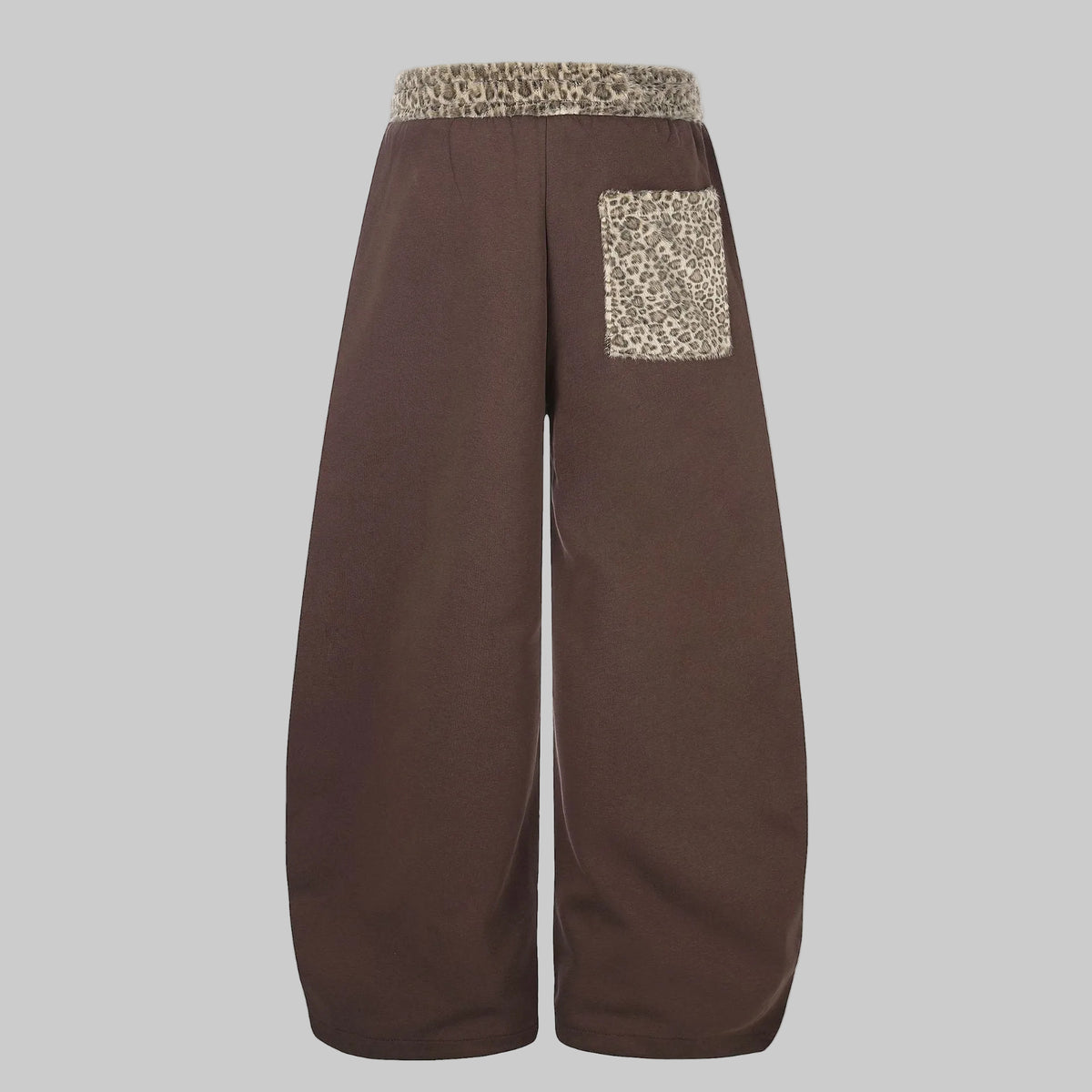 Mocha embroidered curved trousers with leopard patch side pocket and drawstring waist