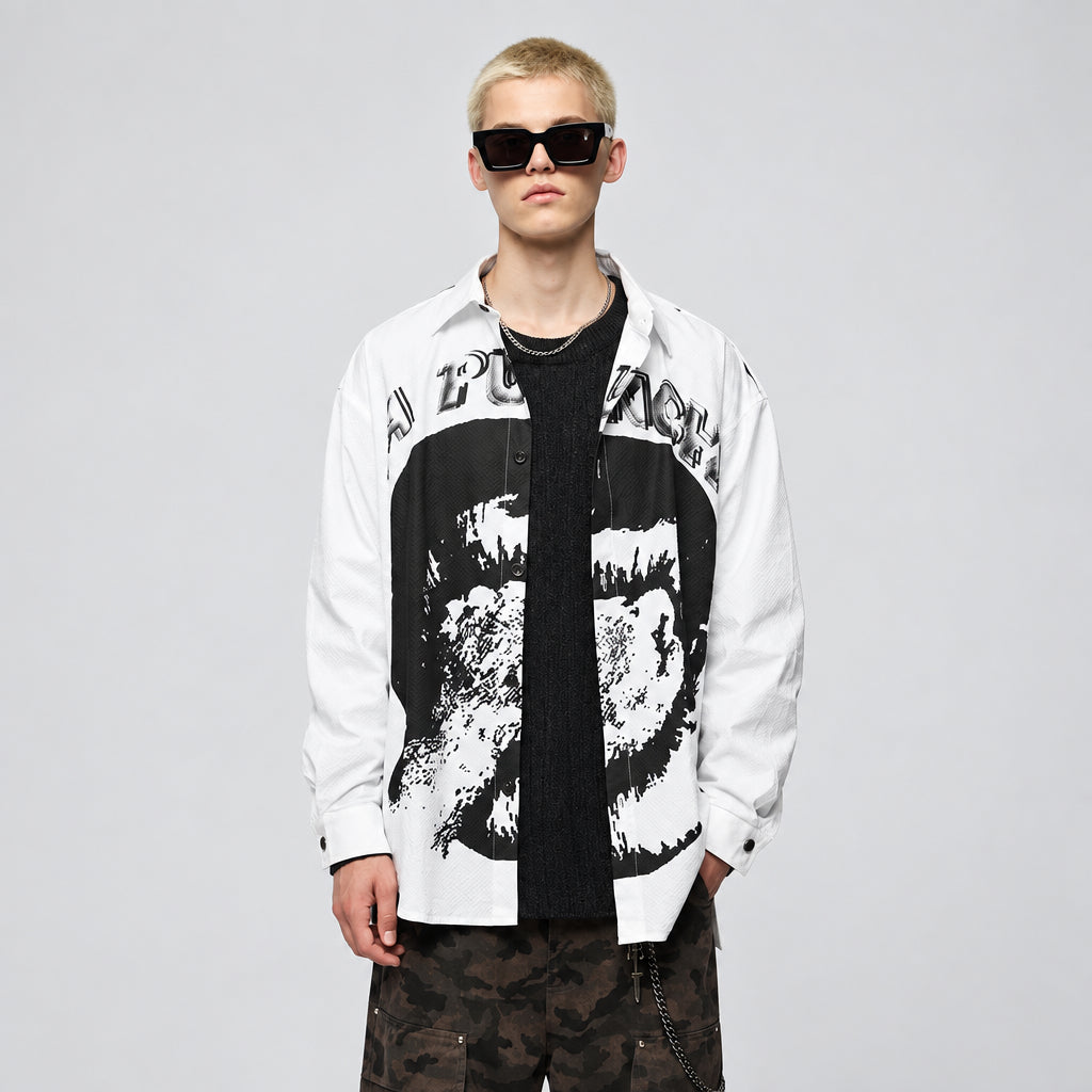 Ivory seersucker button-up shirt with large black portrait print, button front and collar