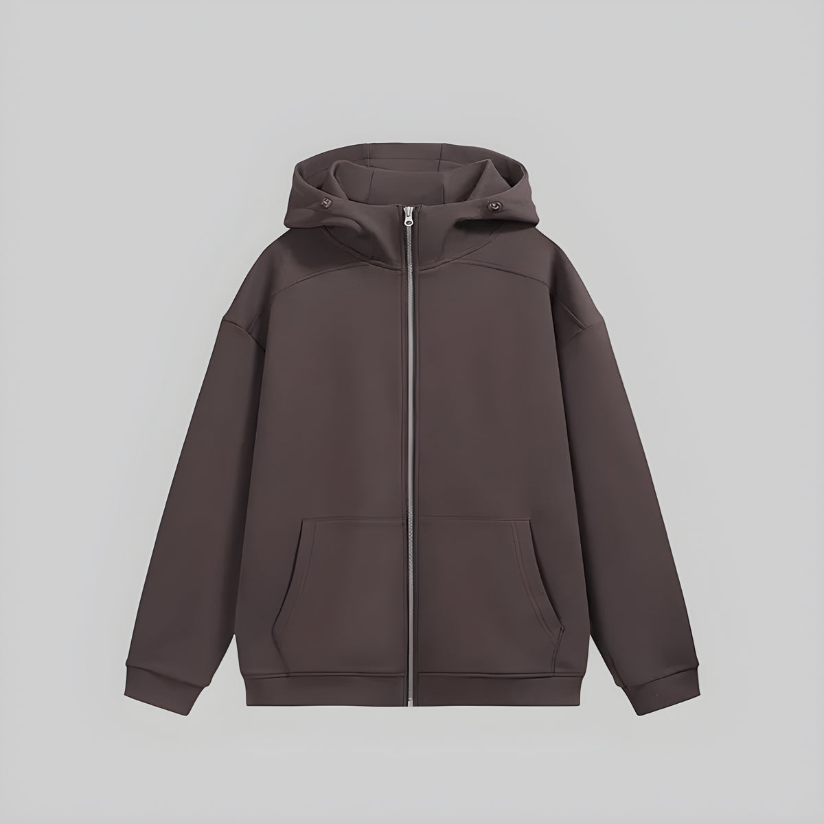 Dark brown zip-front fleece hoodie with hood, full-length zipper, and front pockets