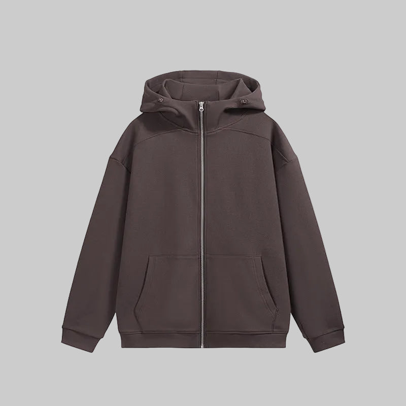 Dark brown fleece zip-up hoodie with hood, full front zipper, and front pockets
