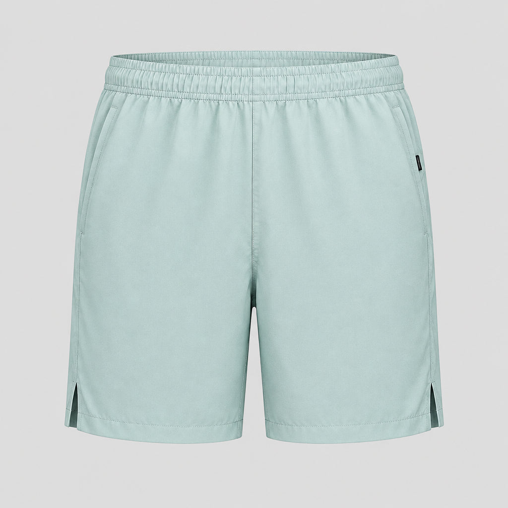 Technical Velocity short in light seafoam blue, elastic waistband and side slits.