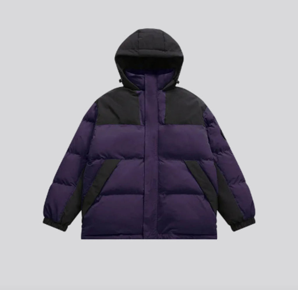Violet hooded padded jacket with black contrast panels and front zipper