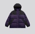 Violet hooded padded jacket with black contrast panels and front zipper