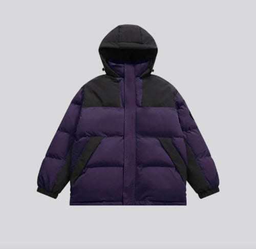 Violet hooded padded jacket with black contrast panels and front zipper