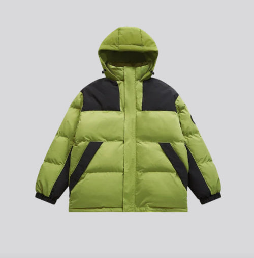 Moss hooded padded jacket with black contrast panels and front zipper