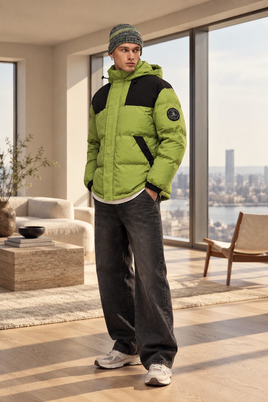 Moss green hooded padded contrast jacket with black side panels