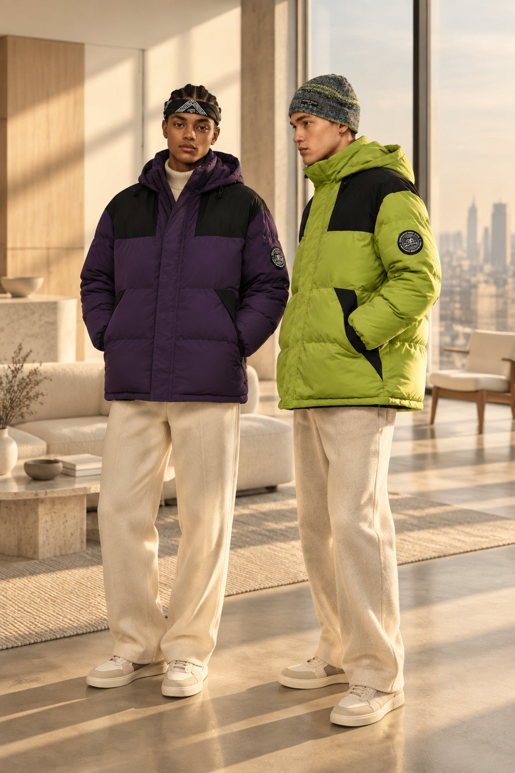 Contrast panel hooded padded jackets in violet and moss green with black panels