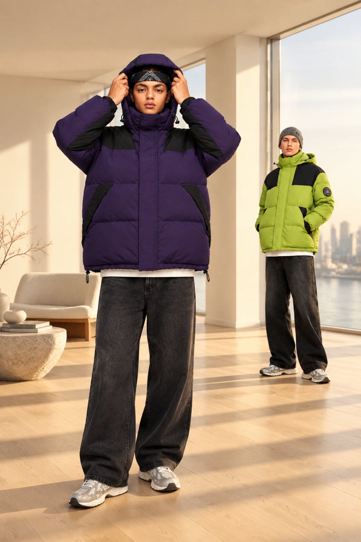 Violet hooded padded jacket with black contrast panels and front zipper