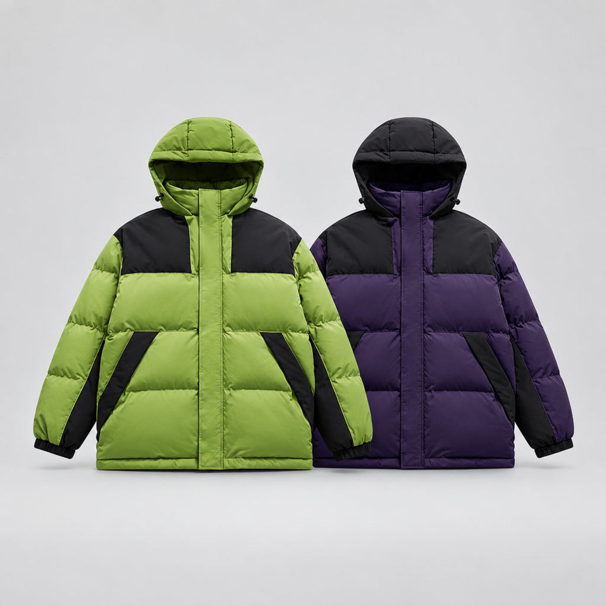 Two hooded padded contrast jackets: moss green and violet with black panels