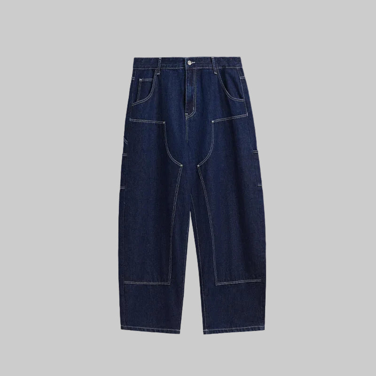 Wide-leg jeans in indigo denim with contrast stitching and patch pockets