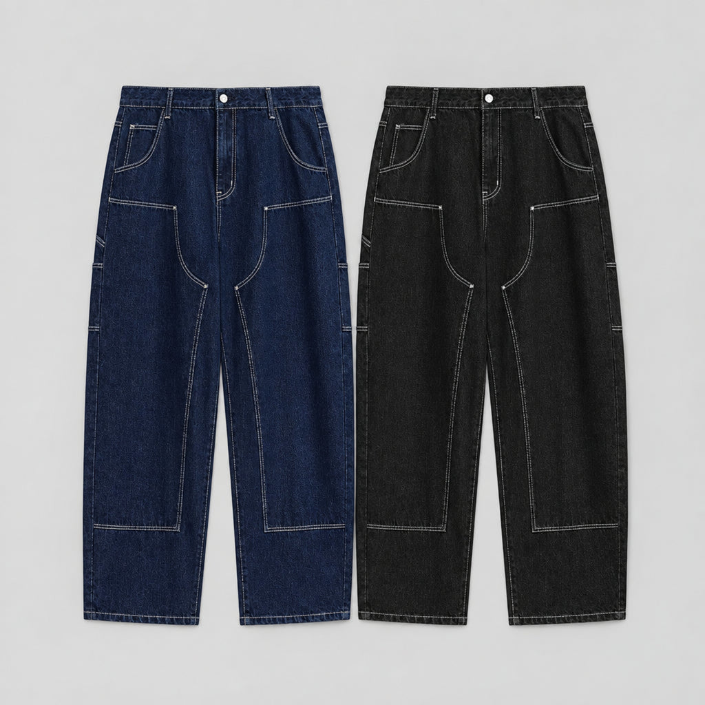 Wide-leg jeans set in indigo and dark denim, contrast stitching, patch pockets