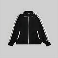 Black zip-up jacket with white contrast stripes and zipper, ribbed cuffs and hem