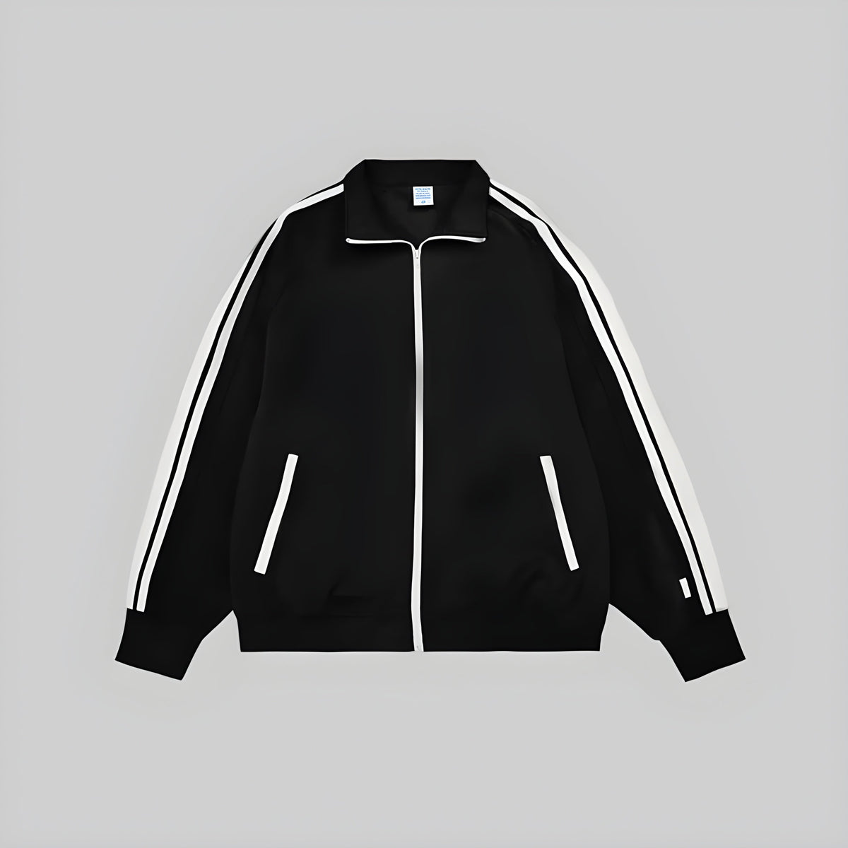 Black zip-up jacket with white contrast stripes and zipper, ribbed cuffs and hem