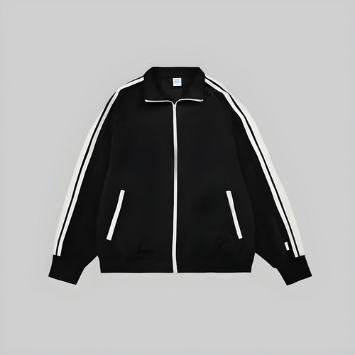 Black zip-up jacket with white contrast stripes and zipper, ribbed cuffs and hem