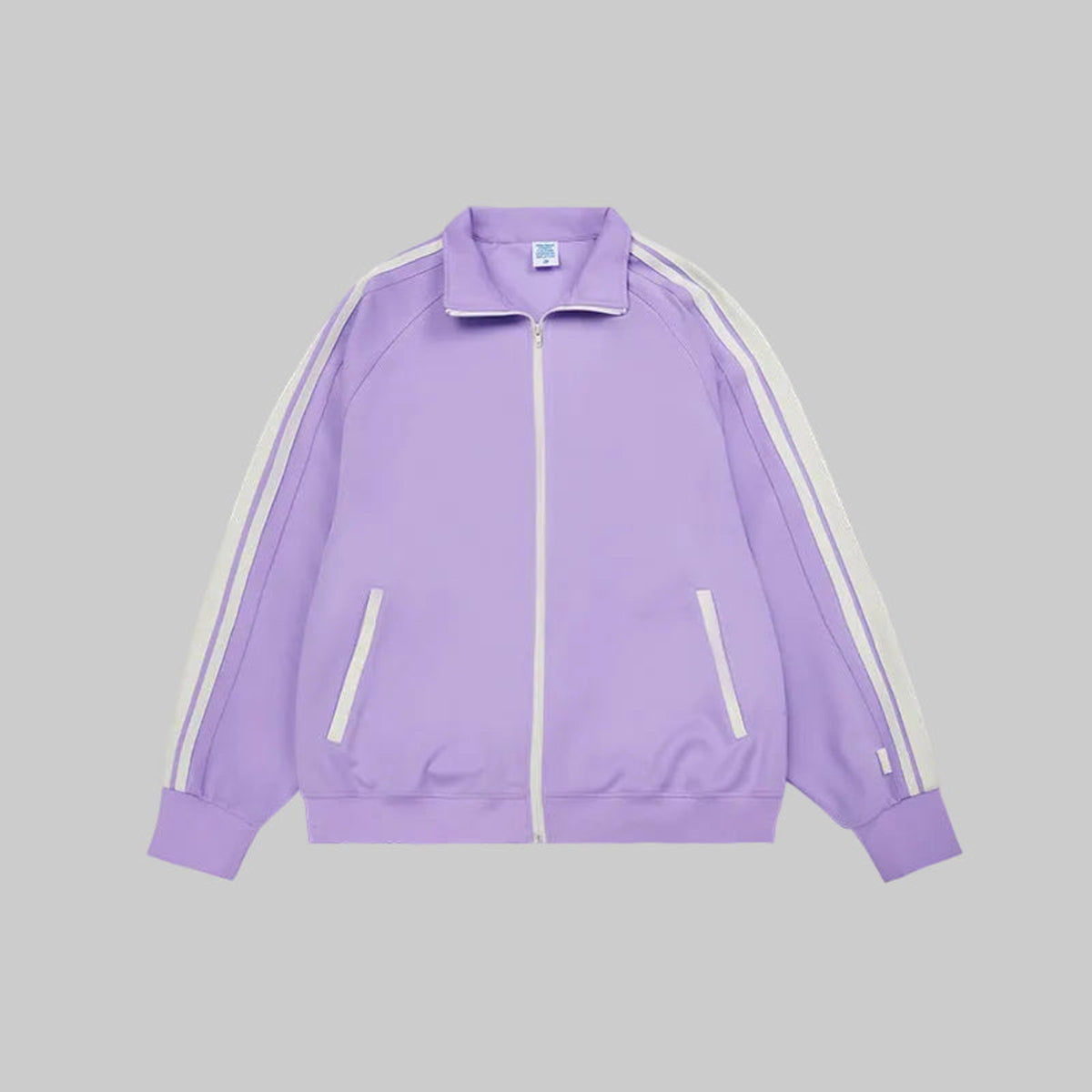 Lilac zip-up jacket with white contrast stripes, stand collar, ribbed cuffs