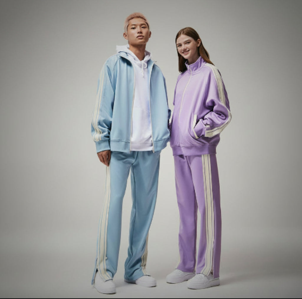 Zip-up track jackets in light blue and lilac with white contrast side stripes