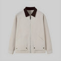 Beige corduroy-collar cargo jacket with dark collar, full zip, flap pockets