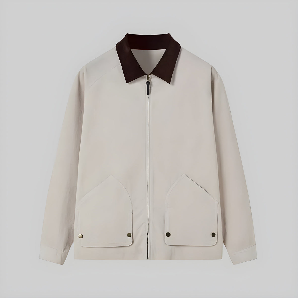 Beige corduroy-collar cargo jacket with dark collar, full zip, flap pockets