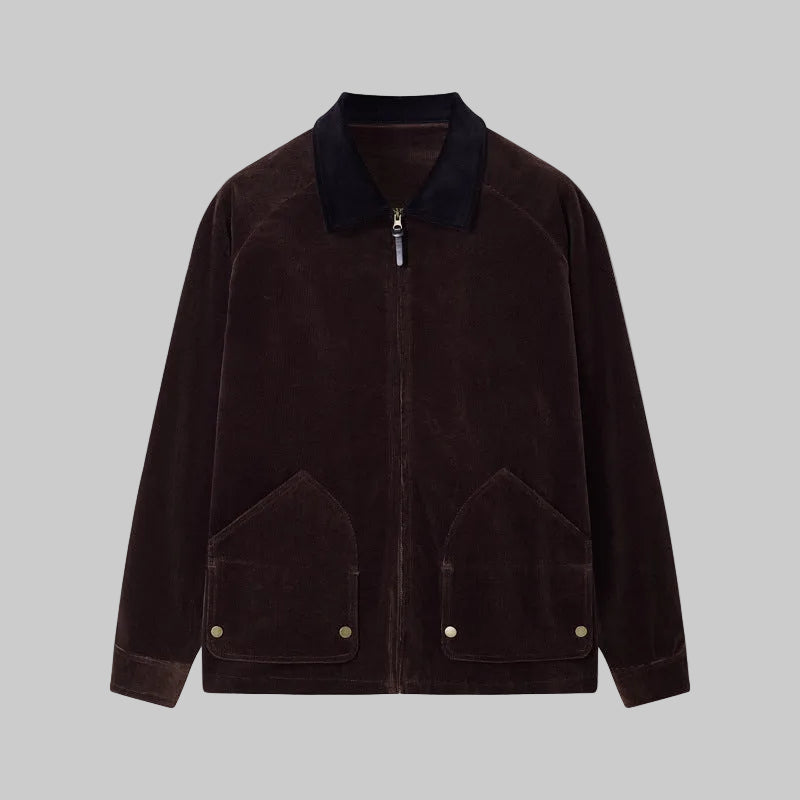 Brown corduroy-collar cargo jacket with zip front and chest flap pockets