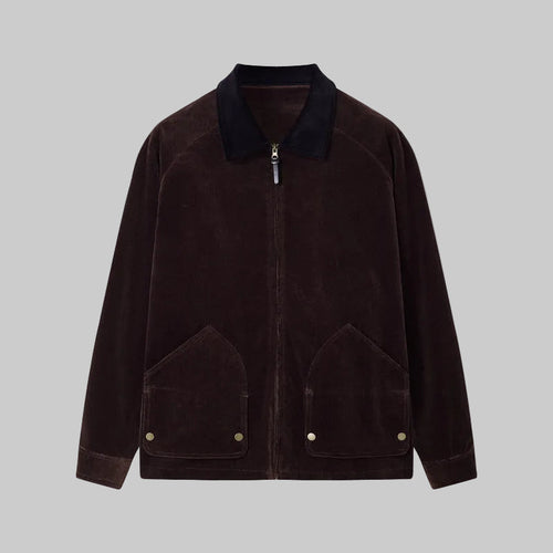 Brown corduroy-collar cargo jacket with zip front and chest flap pockets