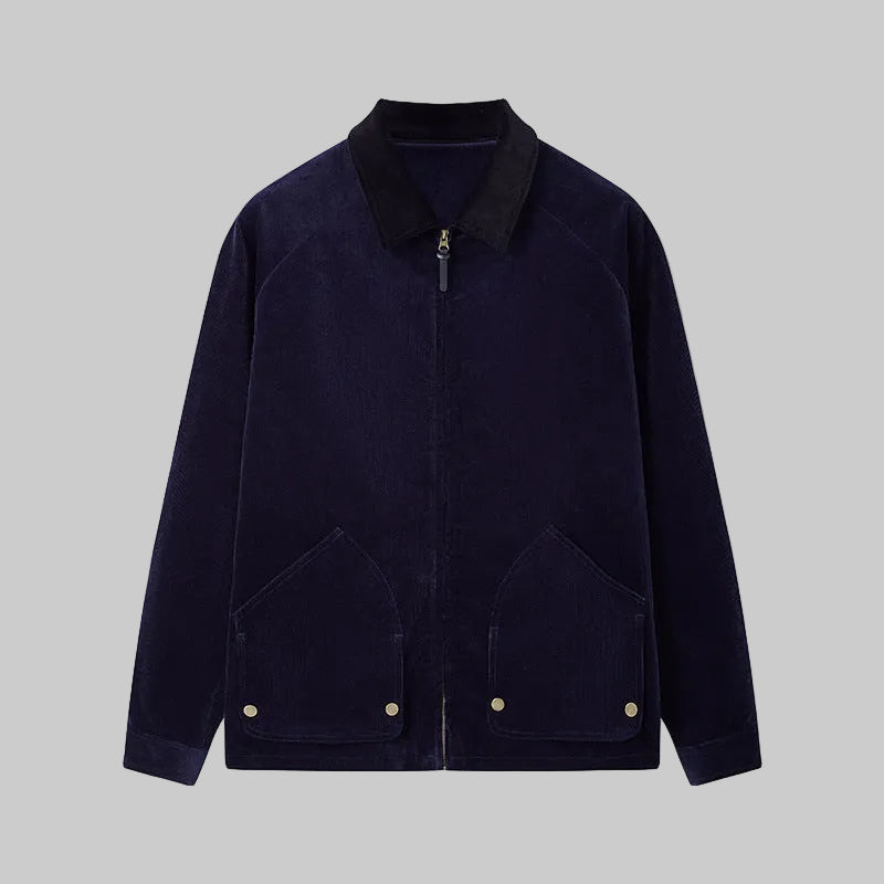 Navy corduroy-collar cargo jacket with zip front and chest flap pockets