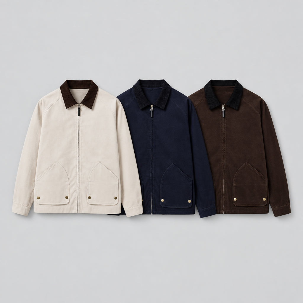 Corduroy-collar cargo jackets set: beige, navy, and walnut with zip fronts and flap pockets