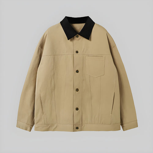 Beige button-up jacket with black pointed collar and chest pocket, long sleeves