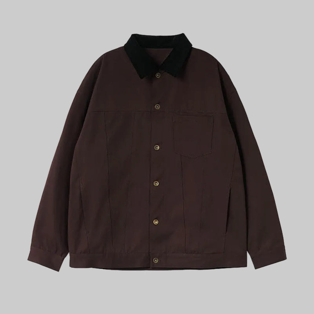 Brown button-up jacket with black pointed collar and chest pocket, long sleeves