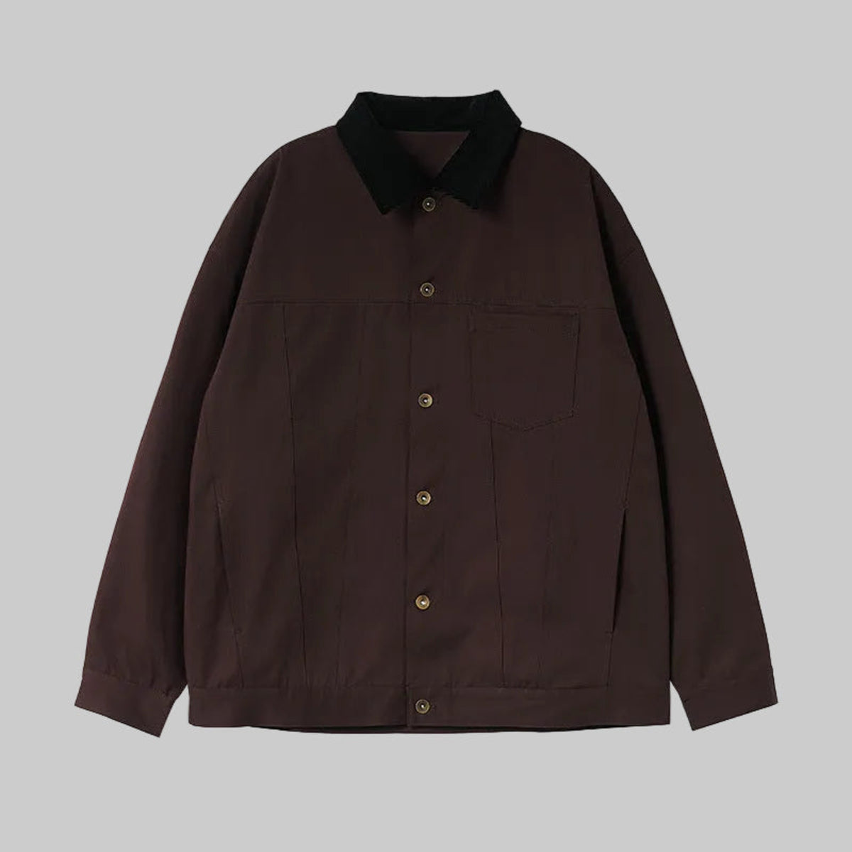 Brown button-up jacket with black pointed collar and chest pocket, long sleeves