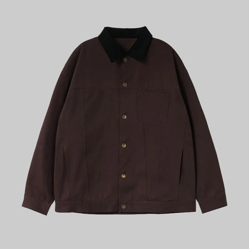 Brown button-up jacket with black pointed collar and chest pocket, long sleeves