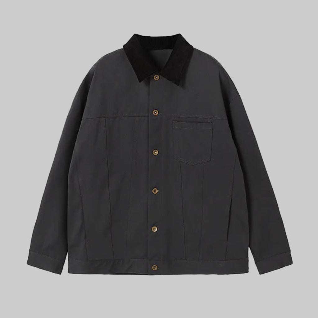 Dark gray button-up jacket with black pointed collar and chest pocket, long sleeves