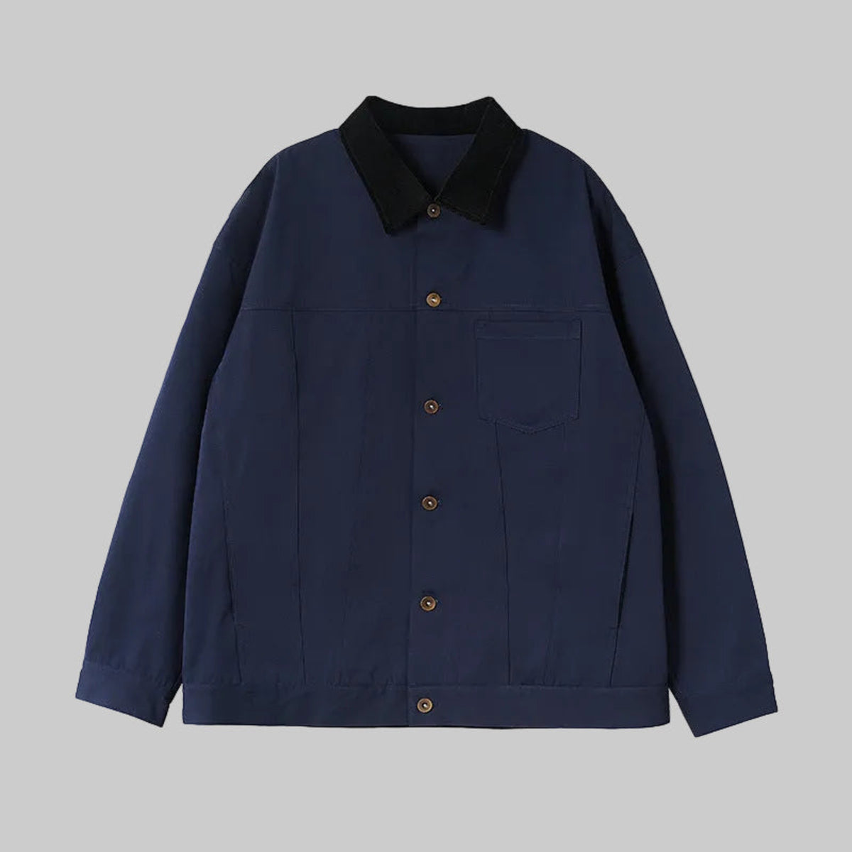 Navy button-up jacket with black pointed collar and chest pocket, long sleeves