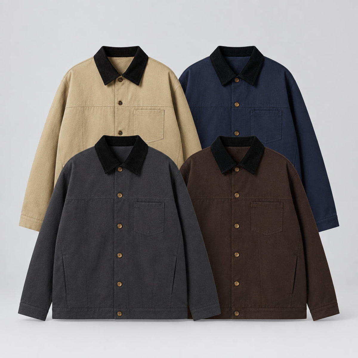 Set of four button-up jackets: beige, dark gray, navy, and brown with black collars