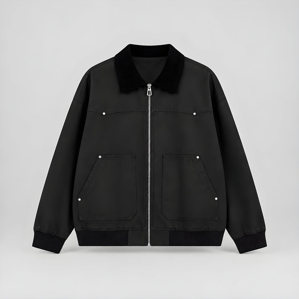 Black corduroy jacket with black collar, zip front, two chest pockets