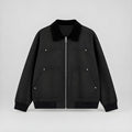 Black corduroy jacket with black collar, zip front, two chest pockets