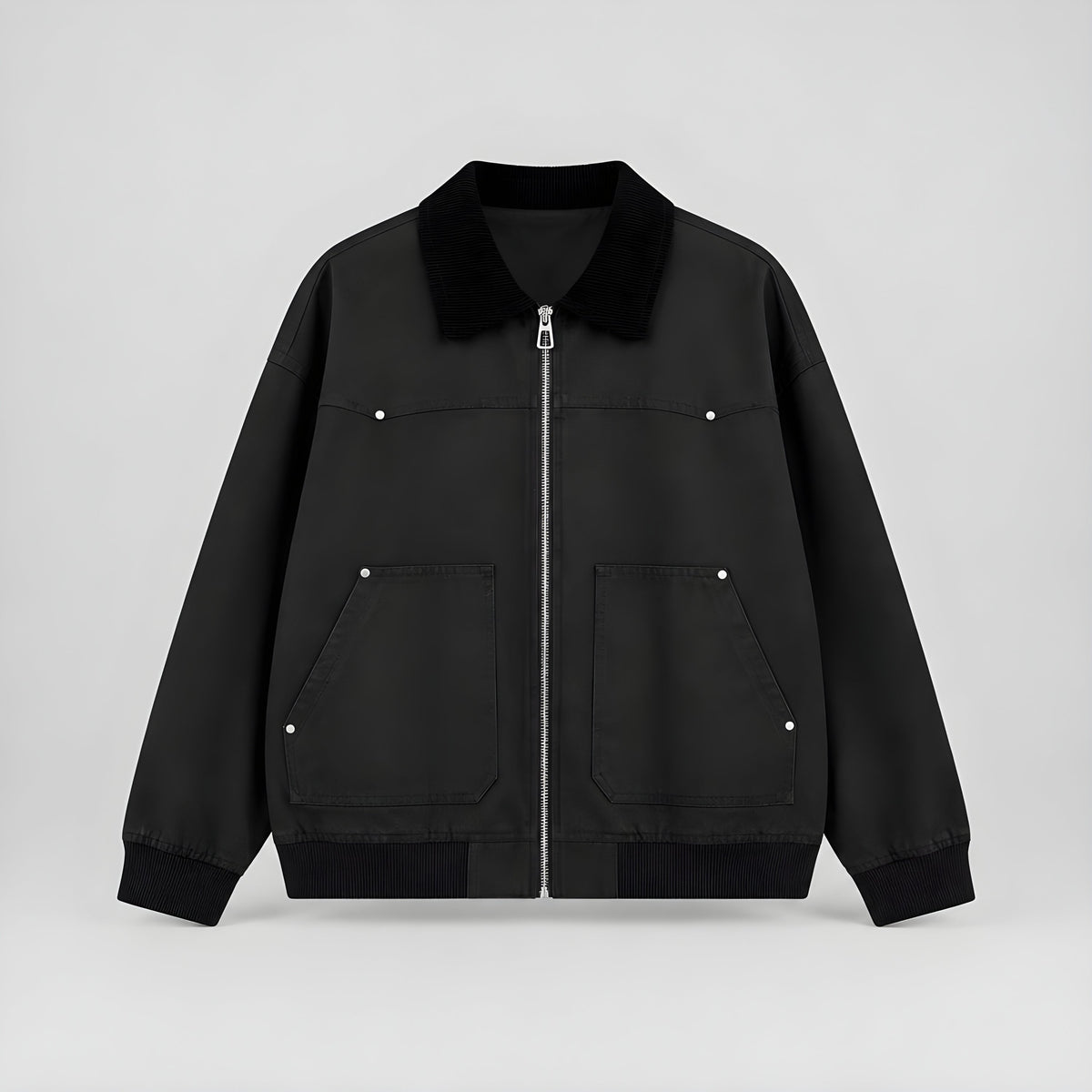 Black corduroy jacket with black collar, zip front, two chest pockets