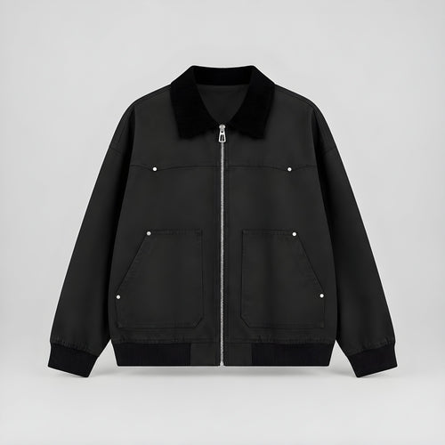 Black corduroy jacket with black collar, zip front, two chest pockets