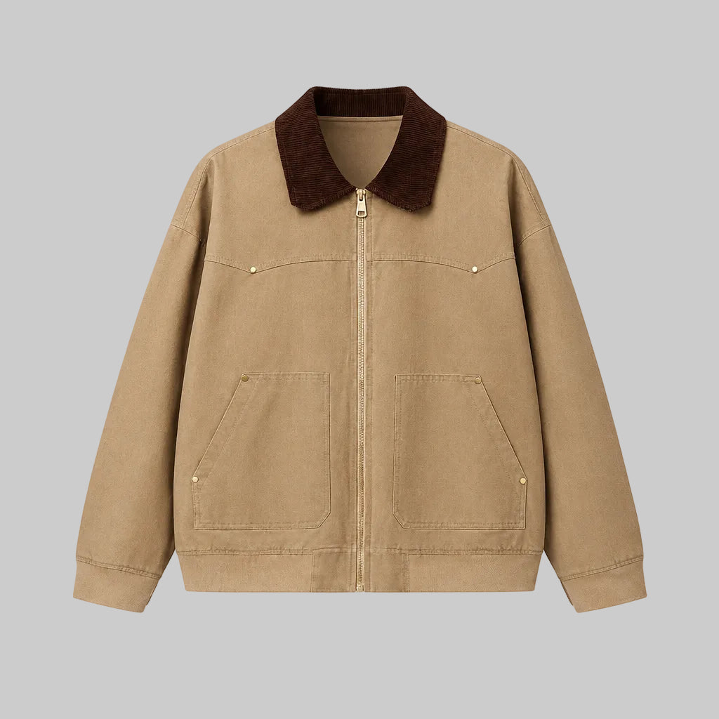 Beige corduroy jacket with brown collar, zip front, two chest pockets