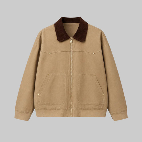 Beige corduroy jacket with brown collar, zip front, two chest pockets