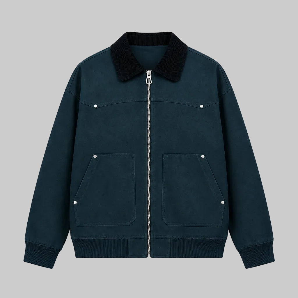 Dark indigo corduroy jacket with black collar, zip front, two chest pockets