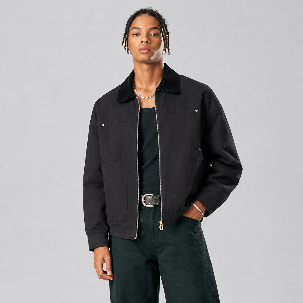 Black corduroy jacket with stand collar, zip front, two chest pockets