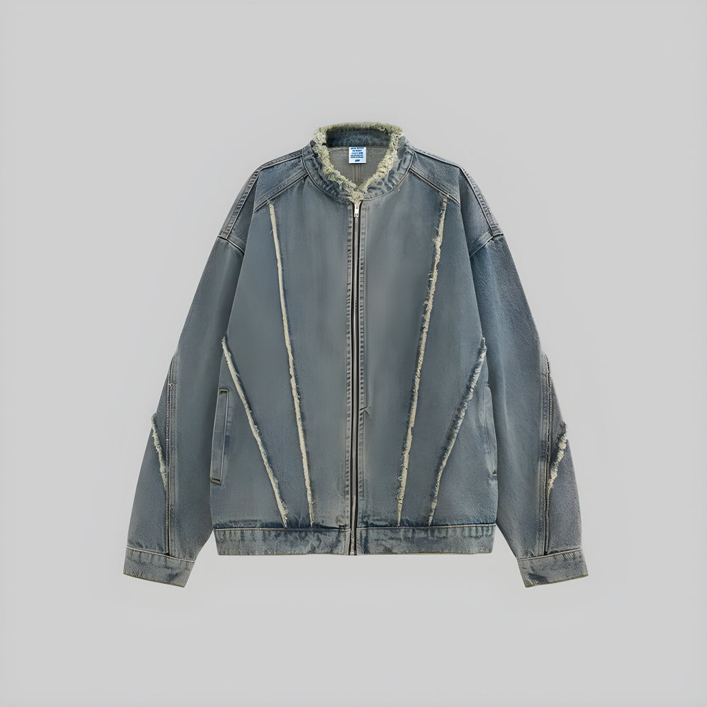 Cropped raw indigo denim jacket, front zip closure, distressed seam stitching