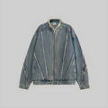 Cropped raw indigo denim jacket, front zip closure, distressed seam stitching