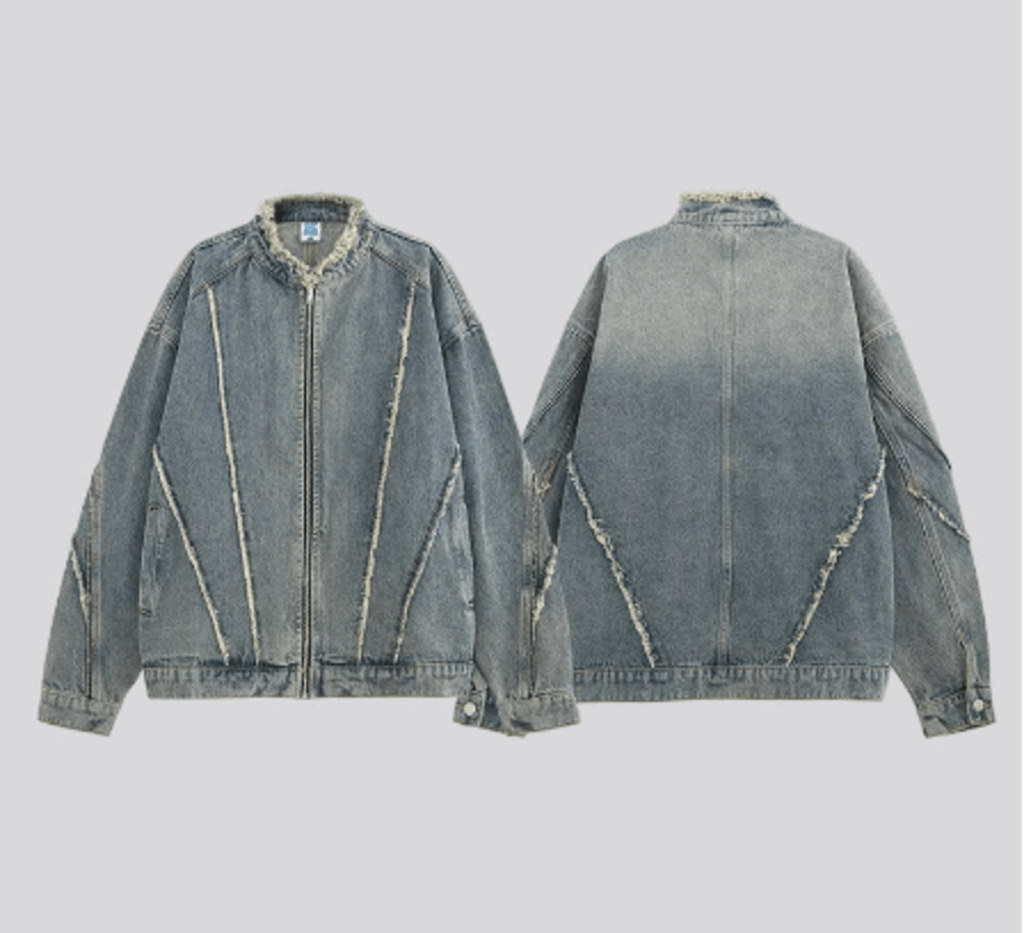 Cropped raw indigo denim jacket, front and back views, zip closure