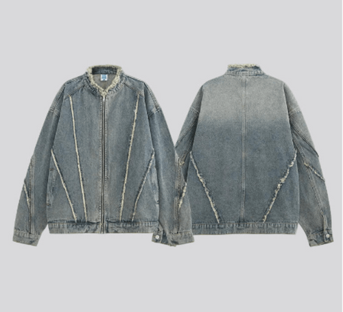 Cropped raw indigo denim jacket, front and back views, zip closure