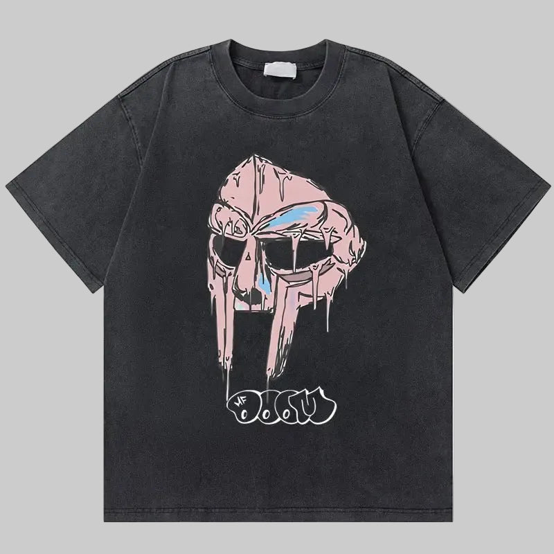 Dark charcoal retro graphic tee with pink dog-like face illustration on the front
